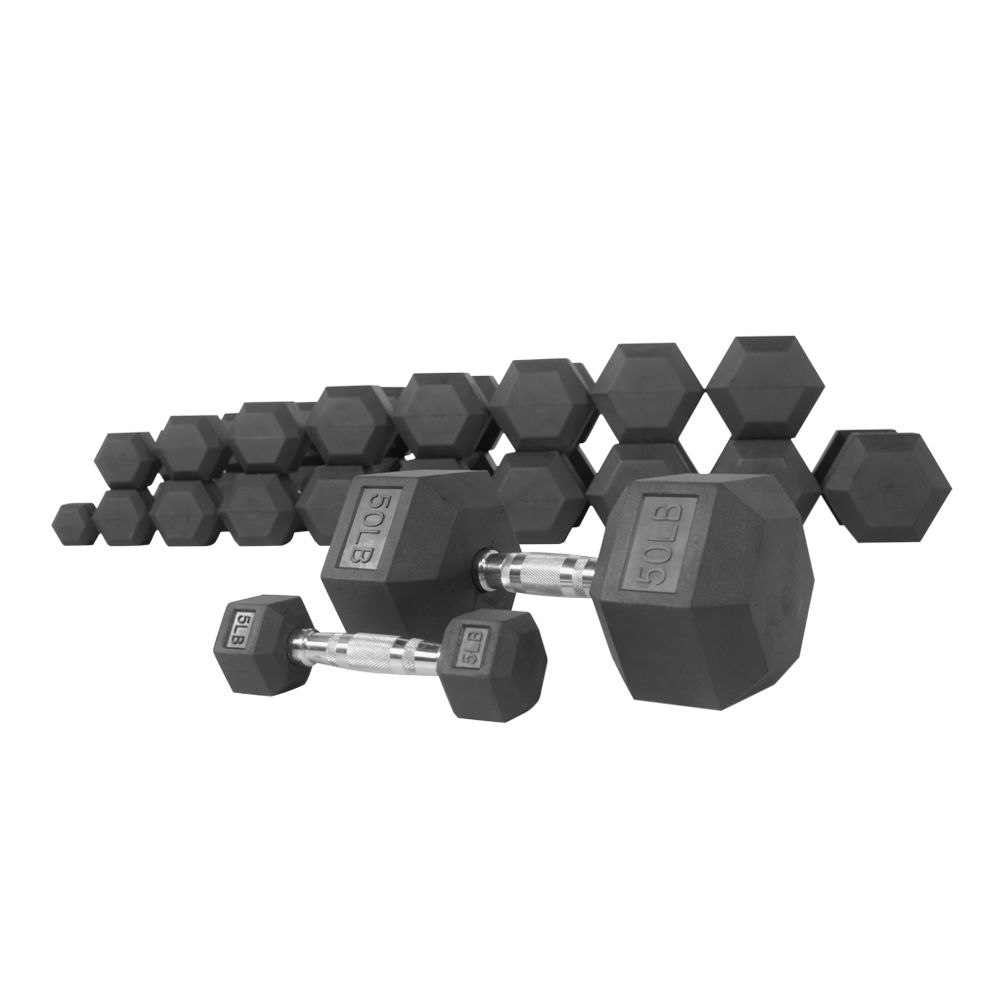 Rubber dumbbell set with 5 pounds up to 50 pounds.