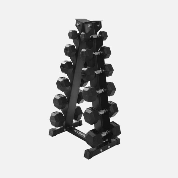 Rubber Hex Dumbbells with Dumbbell Rack from Inspire Fitness